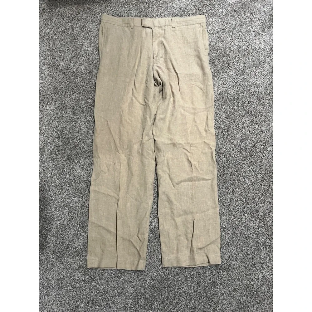 Hugo Boss Chuck Mens Tan Beige Linen Trousers Flat Front Dress Pants 36x32